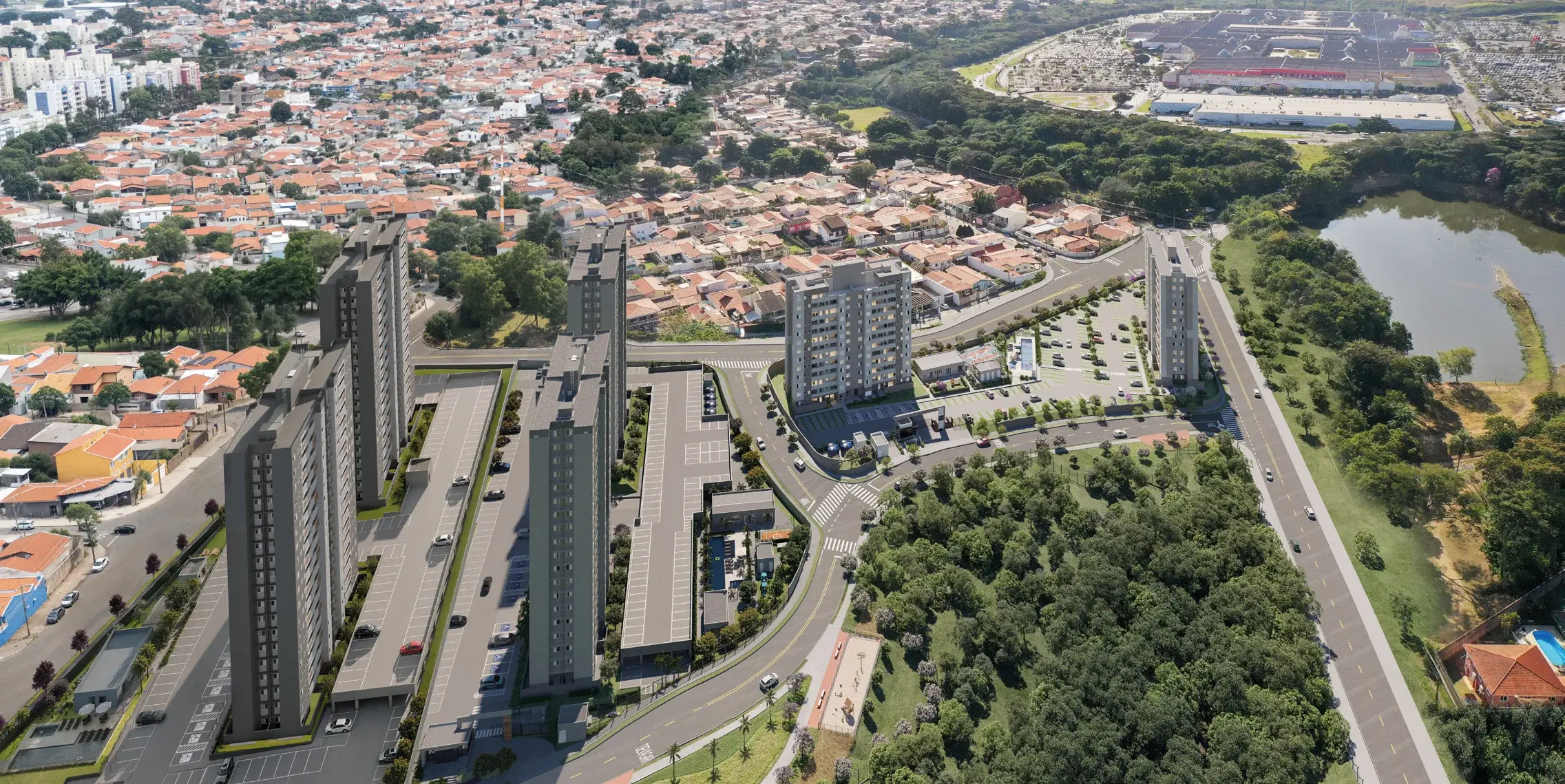 Vista aérea do complexo Mangará (foto com inserção ilustrativa) do Alta Vista Mangará, em Campinas