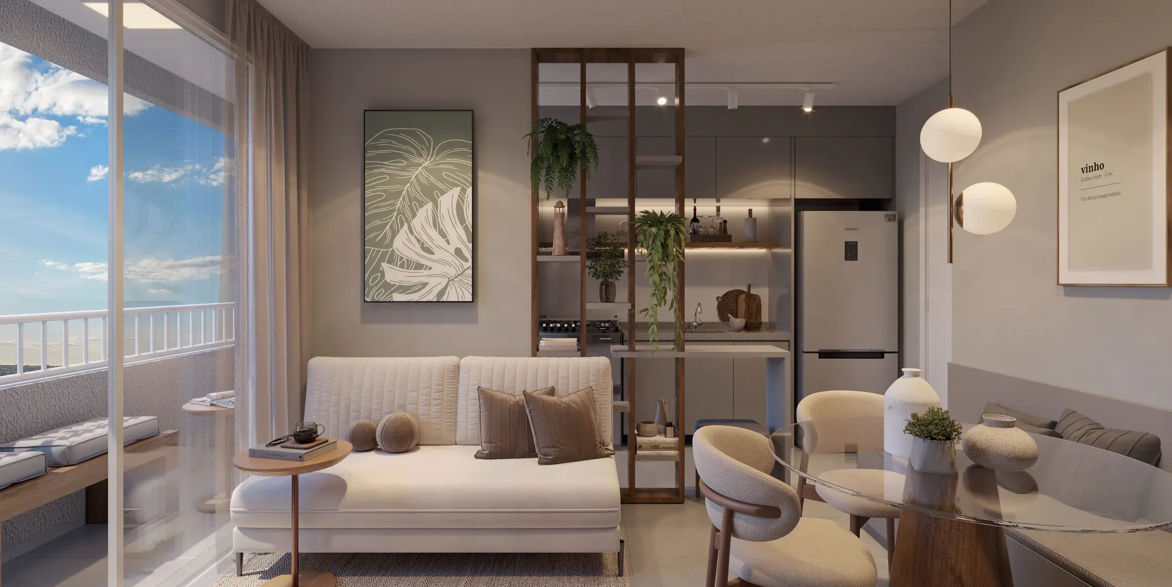 Living, apartamento tipo ponta do Cores da Mata Mangará, em Campinas