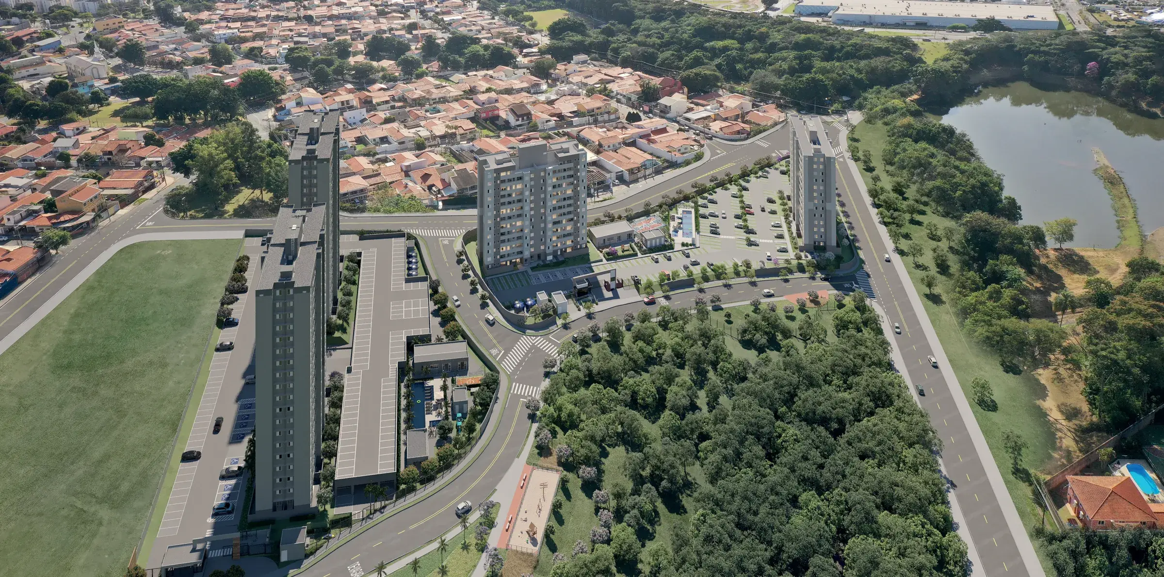 Vista aérea do complexo Mangará (foto com inserção ilustrativa) do Cores da Mata Mangará, em Campinas