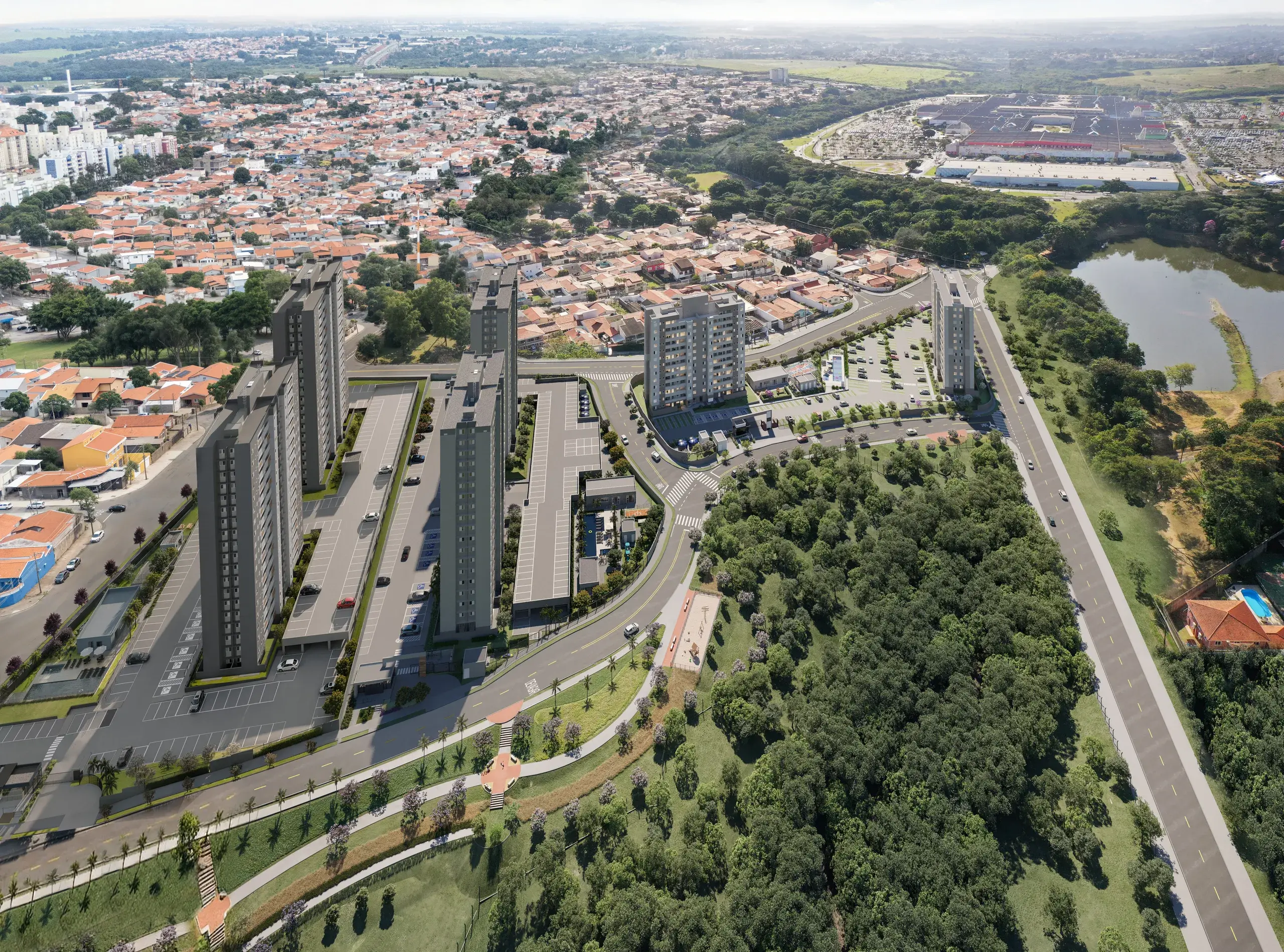 Vista aérea ilustrada do Complexo Mangará, com os residenciais Alta Vista, Cores da Mata e Parque Alto ao lado da mata nativa