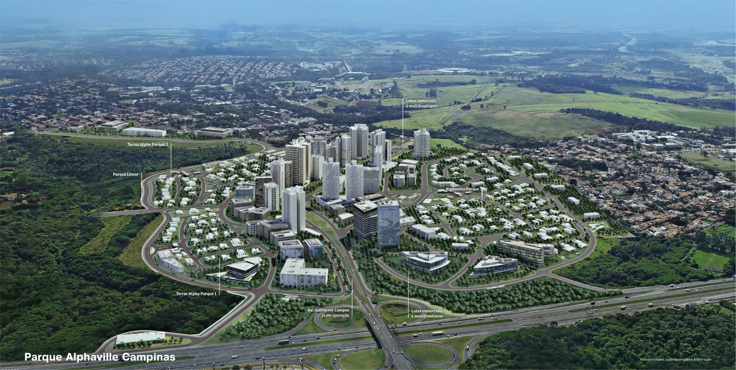 Vista aérea ilustrada do bairro planejado Parque Alphaville, em Campinas, com a Av. Guilherme Campos, o Parque Linear, os lotes comerciais e multifamiliares e os residenciais Terras Alpha Parque 1 e 2 e Alphaville Parque