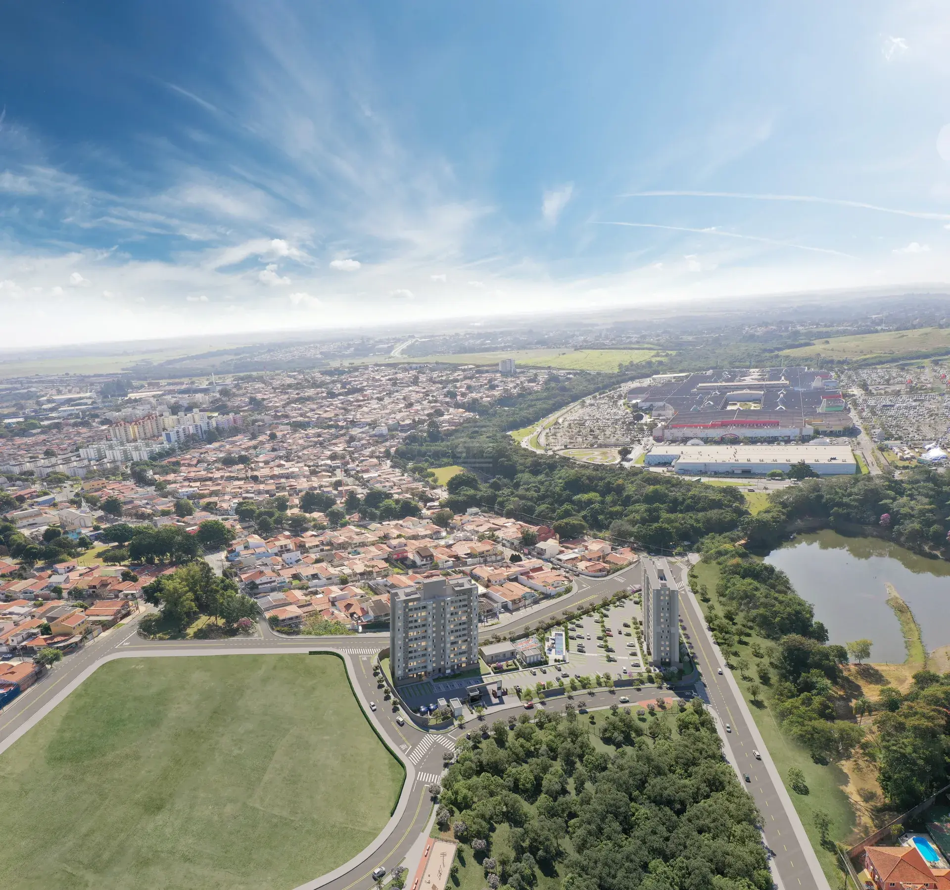 Vista aérea do complexo Mangará (foto com inserção ilustrativa) do Parque Alto Mangará, em Campinas