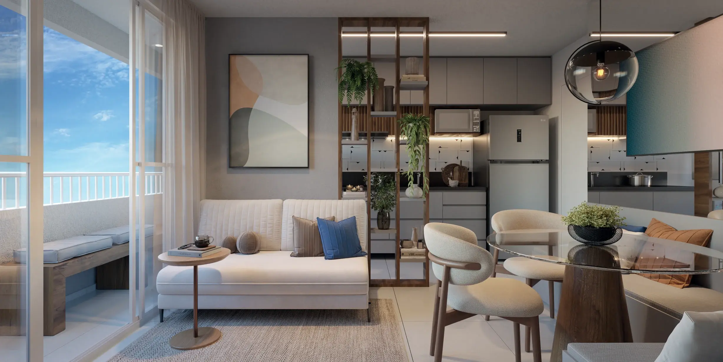 Living, apartamento tipo ponta do Parque Alto Mangará, em Campinas